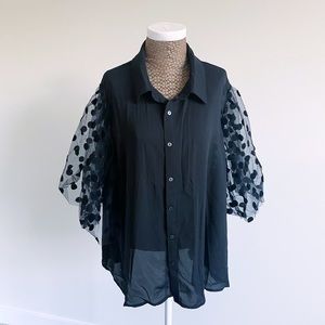 Button Down Polka Dot Sheer Sleeve Top
